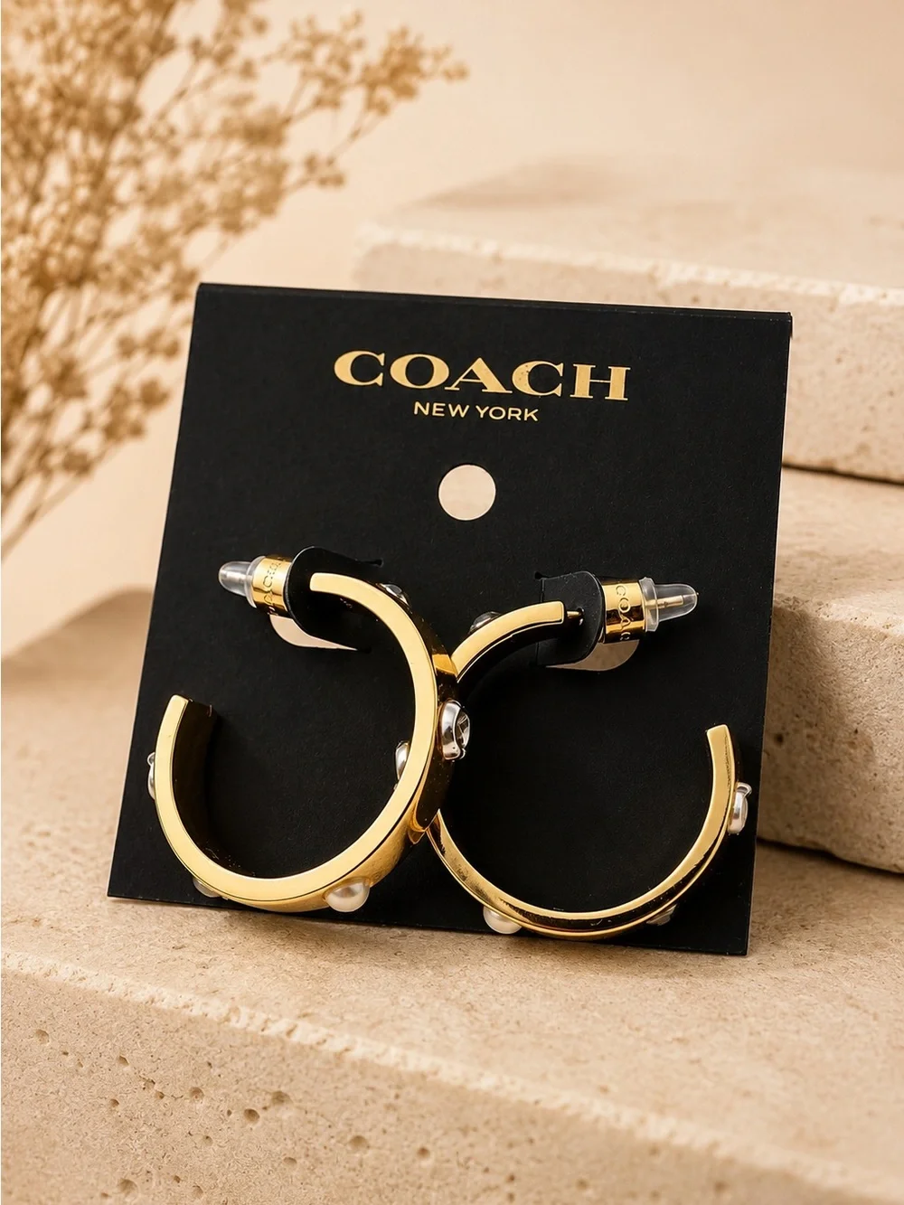 Coach Gold Pegged Signature & Stone Hoop Earrings - Picture 4 of 4